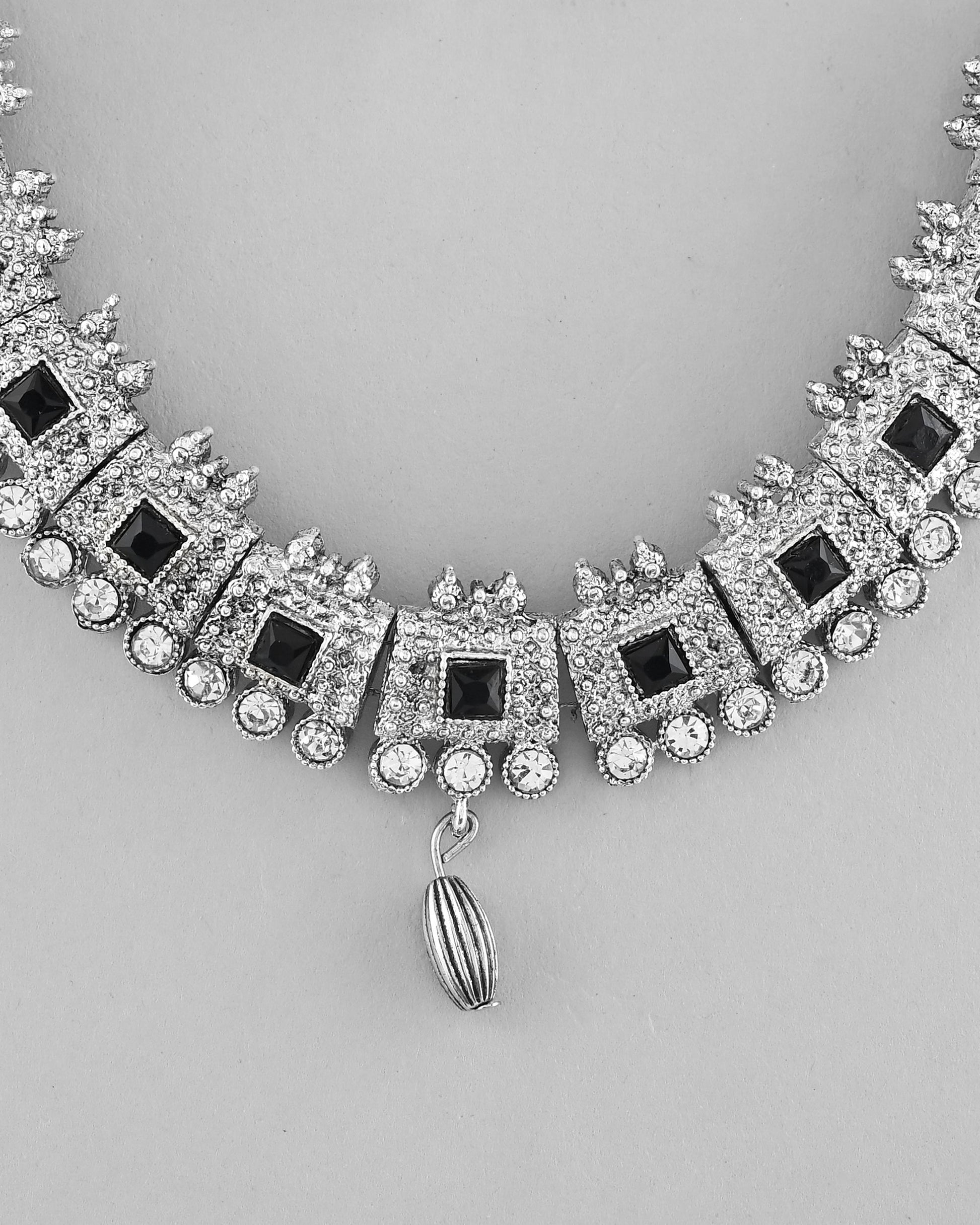 VOJ Silver Plated Black Stone Studded Oxidized Jewellery Set - Swadesiicart
