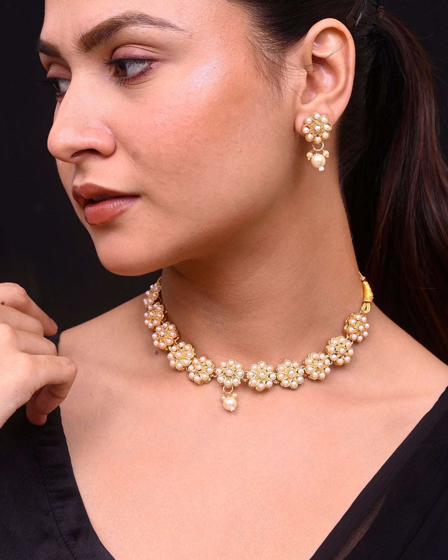 VOJ Gold-Polished Pearl Studded Floral Necklace And Earrings - Swadesiicart