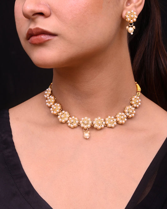 VOJ Gold-Polished Pearl Studded Floral Necklace And Earrings - Swadesiicart