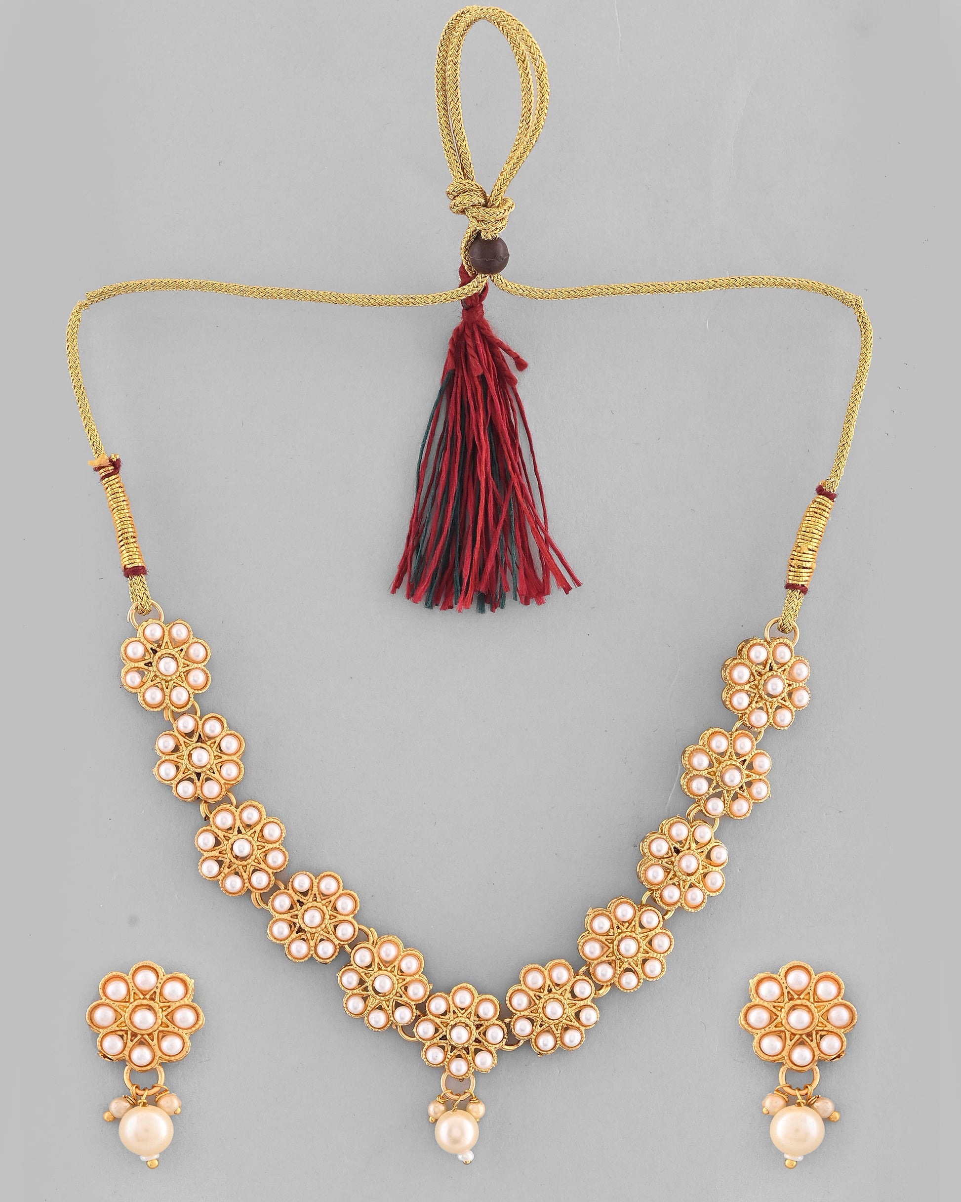 VOJ Gold-Polished Pearl Studded Floral Necklace And Earrings - Swadesiicart
