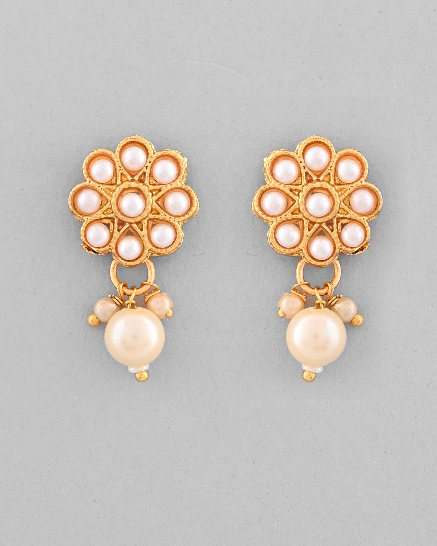 VOJ Gold-Polished Pearl Studded Floral Necklace And Earrings - Swadesiicart