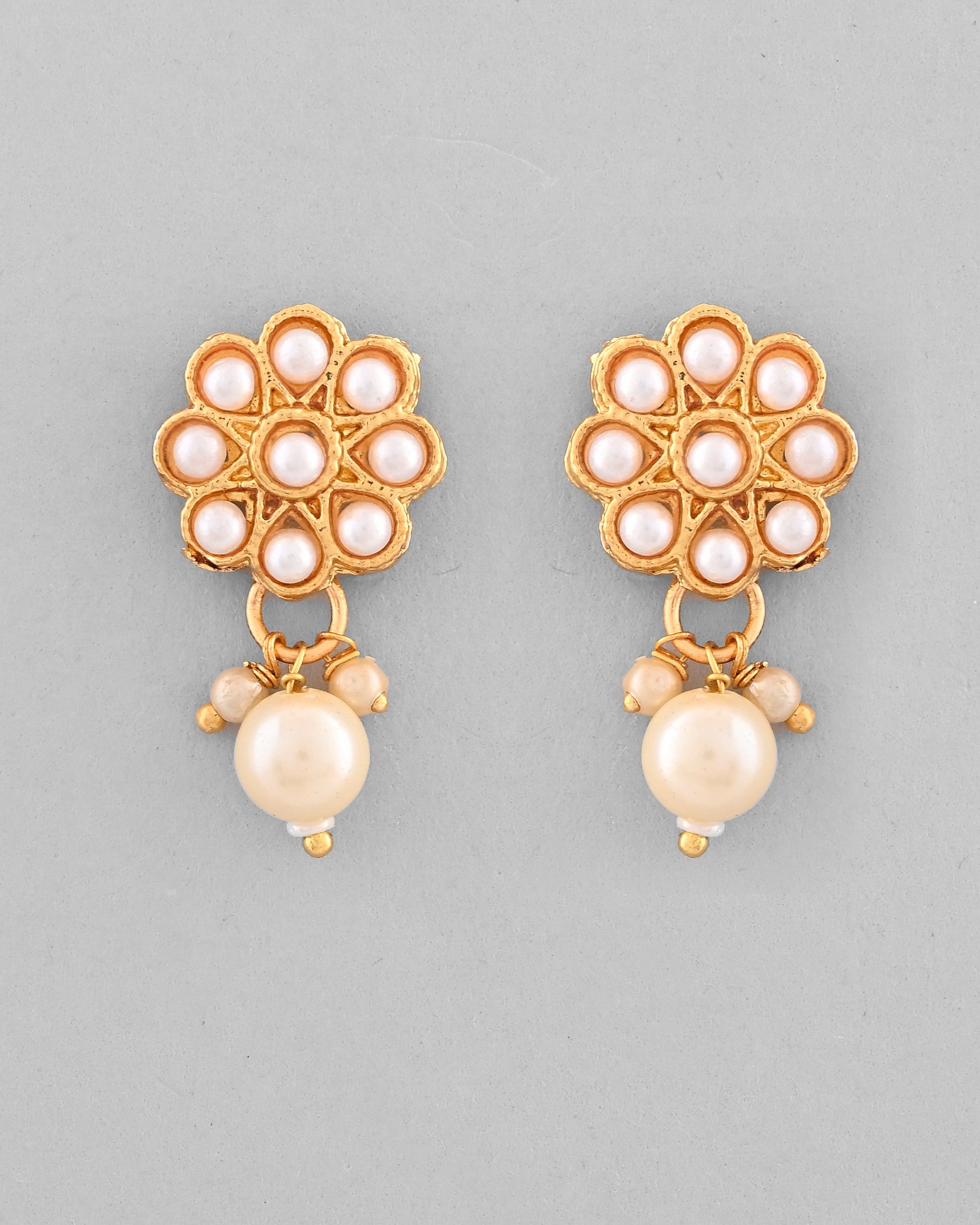 VOJ Gold-Polished Pearl Studded Floral Necklace And Earrings - Swadesiicart