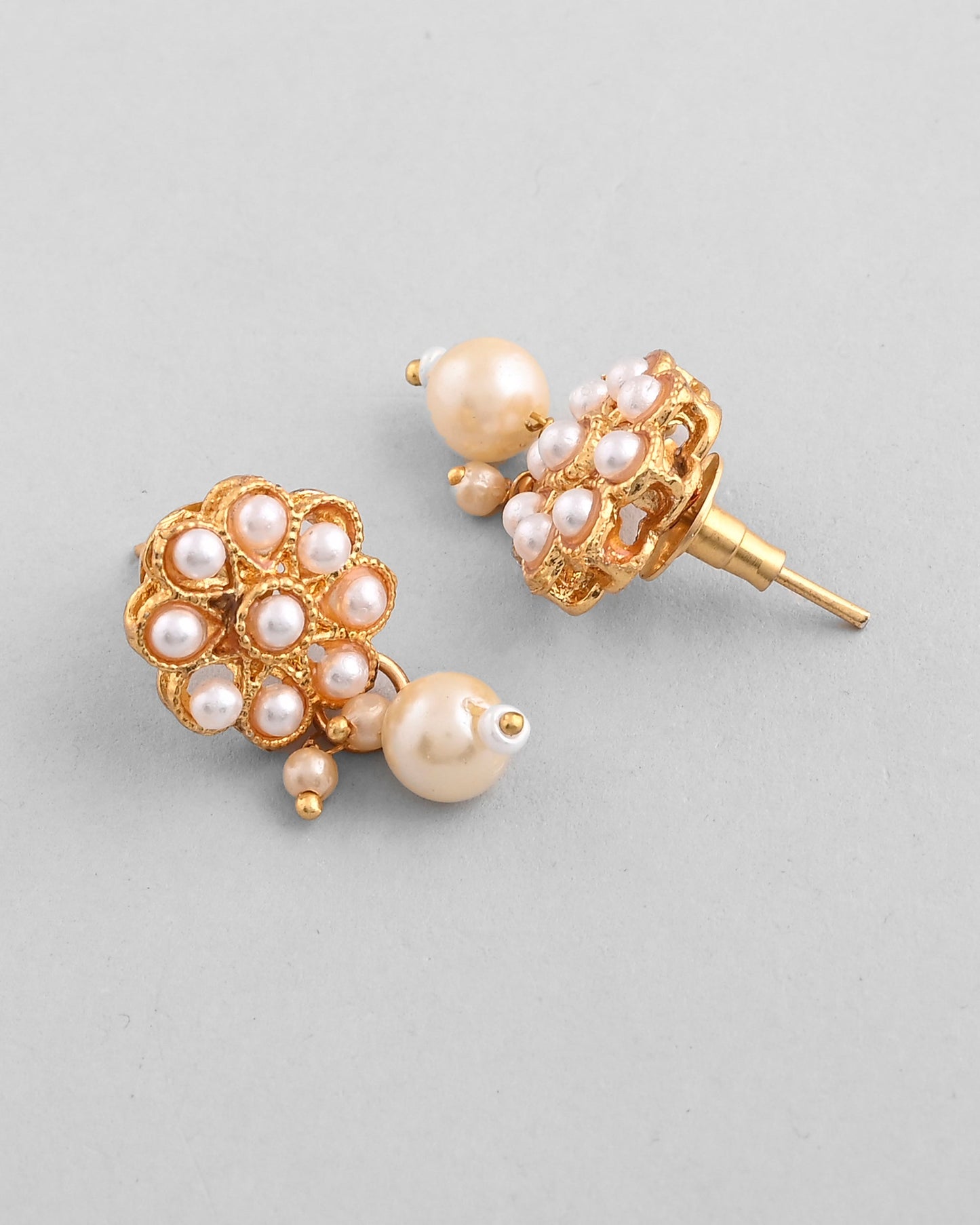 VOJ Gold-Polished Pearl Studded Floral Necklace And Earrings - Swadesiicart