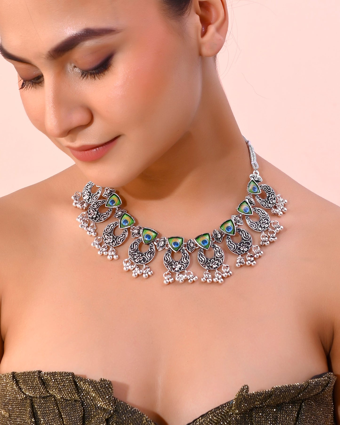 VOJ Silver Plated Peacock Contemporary Choker And Earrings | Swadesiicart