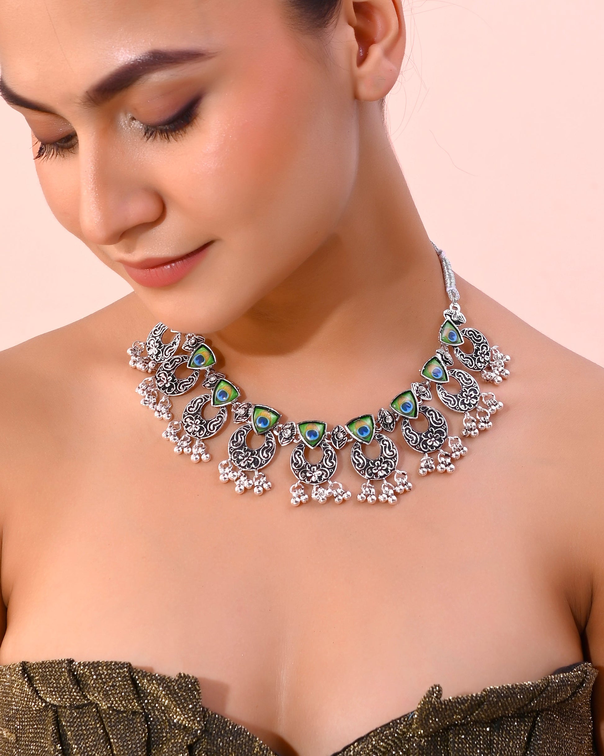 VOJ Silver Plated Peacock Contemporary Choker And Earrings | Swadesiicart