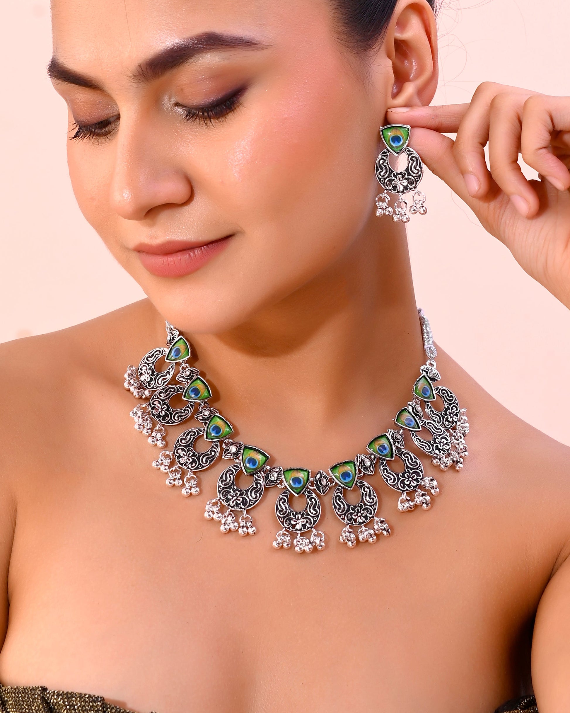 VOJ Silver Plated Peacock Contemporary Choker And Earrings | Swadesiicart
