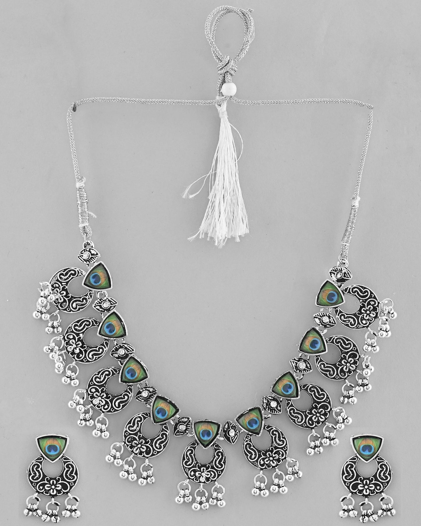 VOJ Silver Plated Peacock Contemporary Choker And Earrings | Swadesiicart