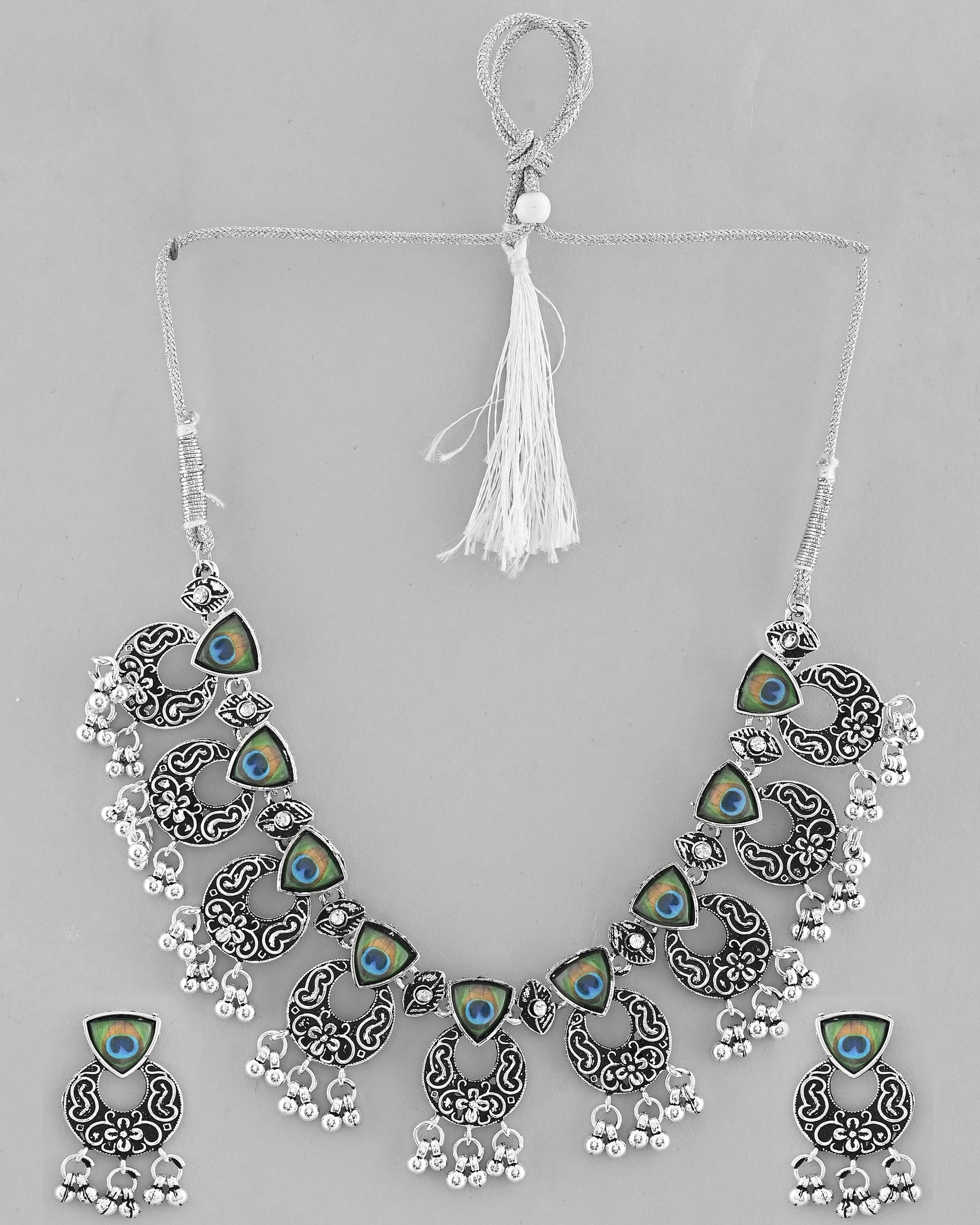 VOJ Silver Plated Peacock Contemporary Choker And Earrings | Swadesiicart