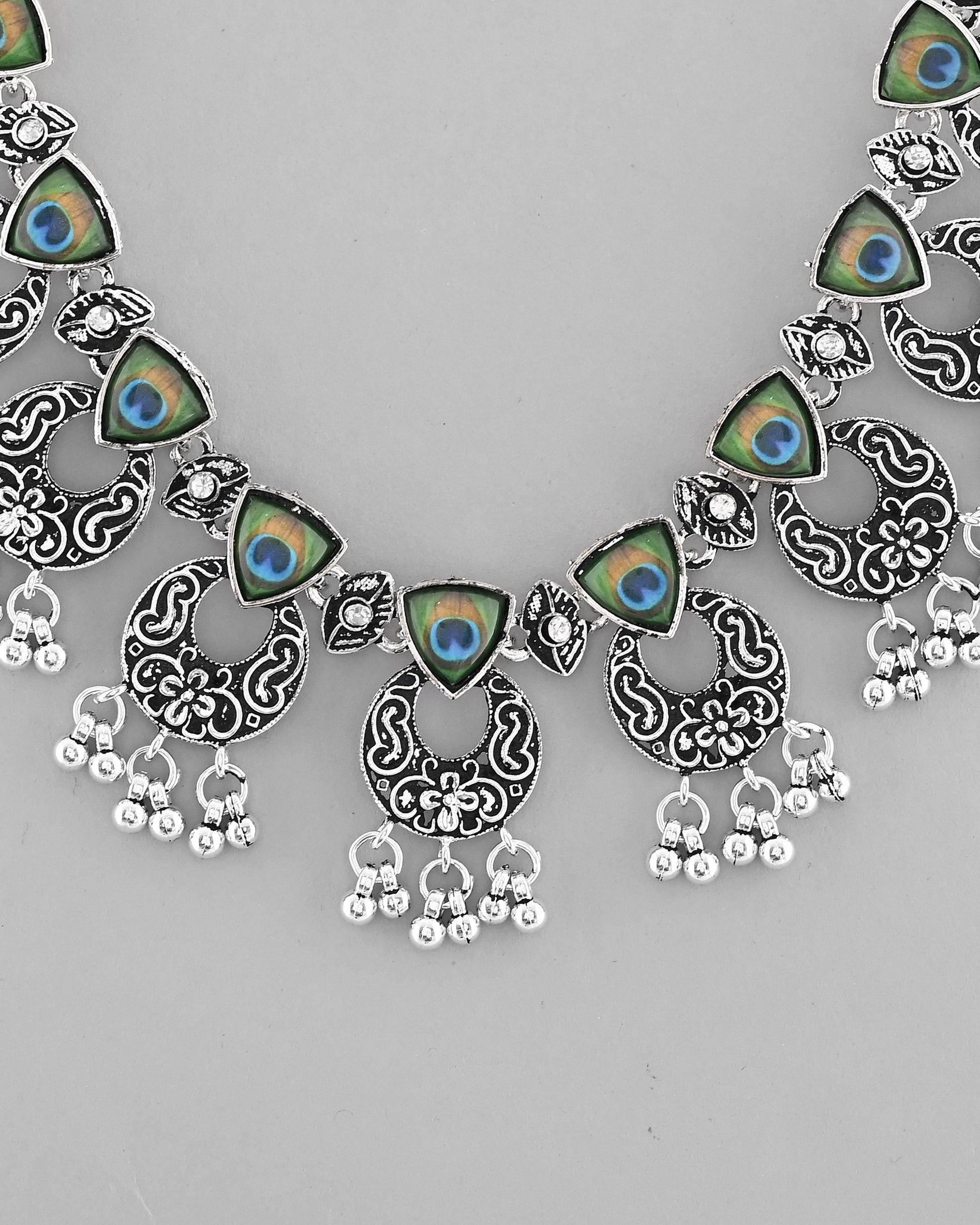 VOJ Silver Plated Peacock Contemporary Choker And Earrings | Swadesiicart