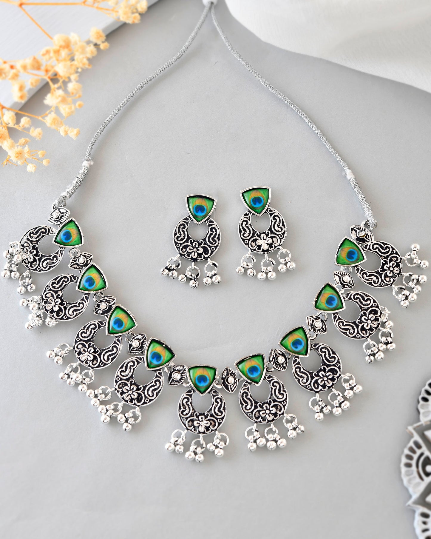 VOJ Silver Plated Peacock Contemporary Choker And Earrings | Swadesiicart