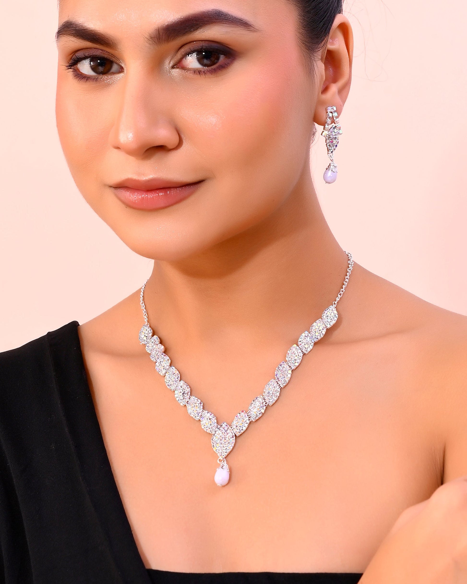 VOJ Silver Plated CZ-Stone Studded With Pearl Jewellery Set - Swadesiicart