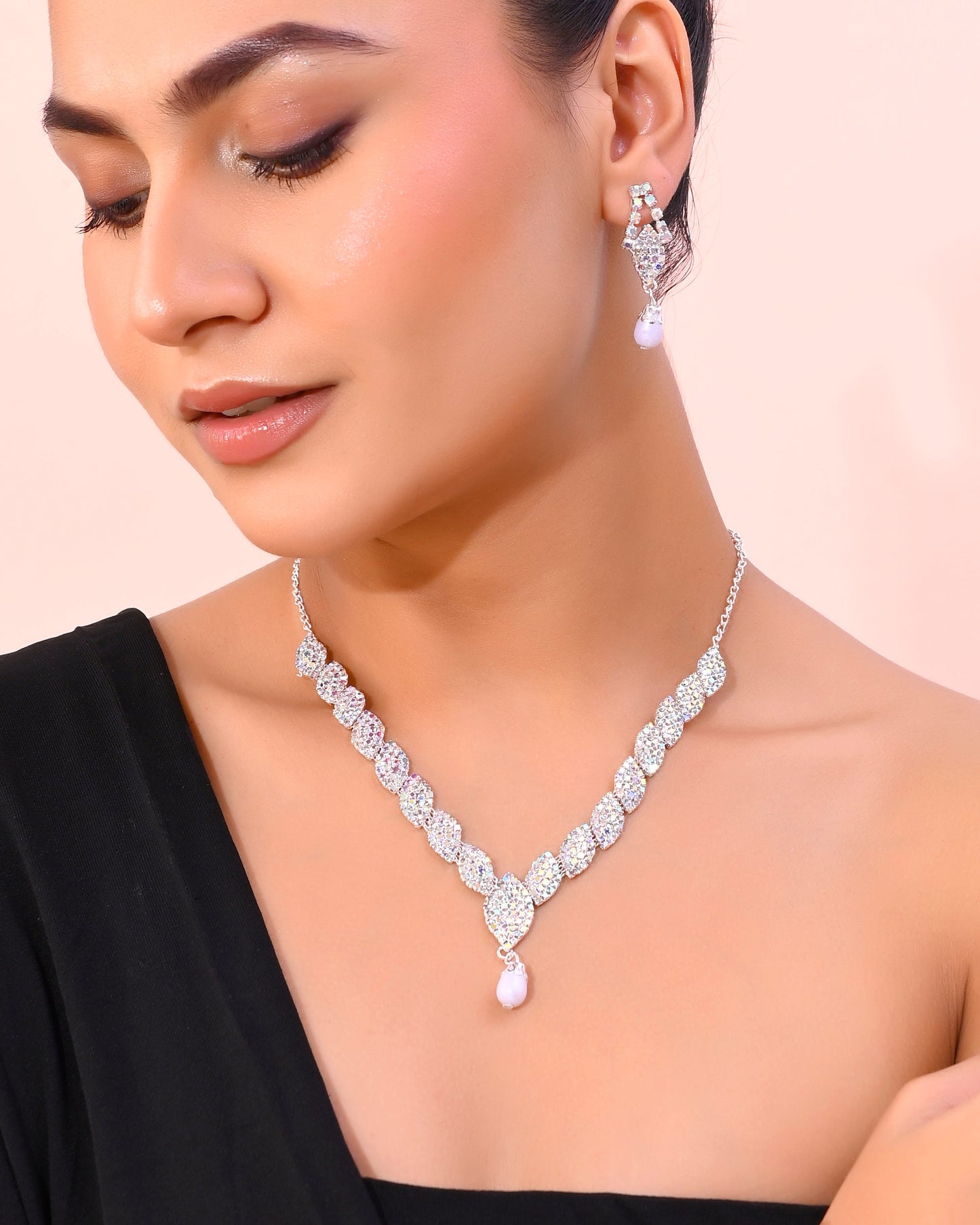 VOJ Silver Plated CZ-Stone Studded With Pearl Jewellery Set - Swadesiicart