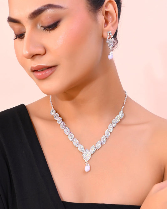VOJ Silver Plated CZ-Stone Studded With Pearl Jewellery Set - Swadesiicart