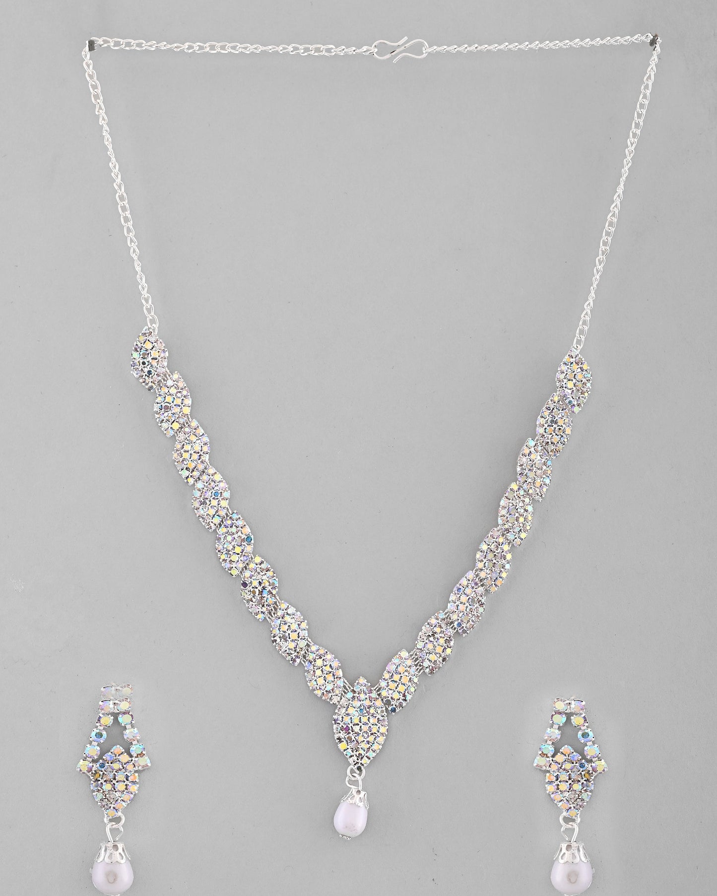 VOJ Silver Plated CZ-Stone Studded With Pearl Jewellery Set - Swadesiicart