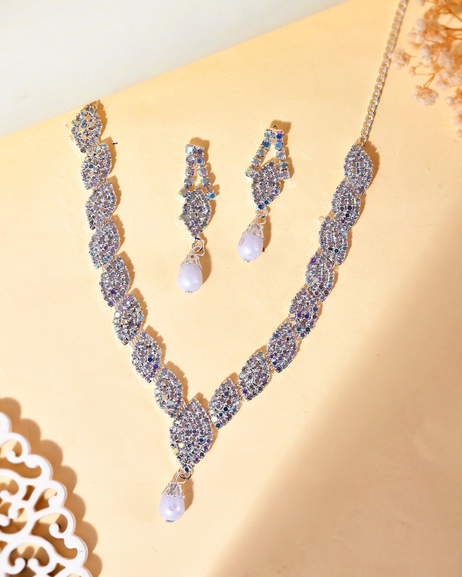 VOJ Silver Plated CZ-Stone Studded With Pearl Jewellery Set - Swadesiicart