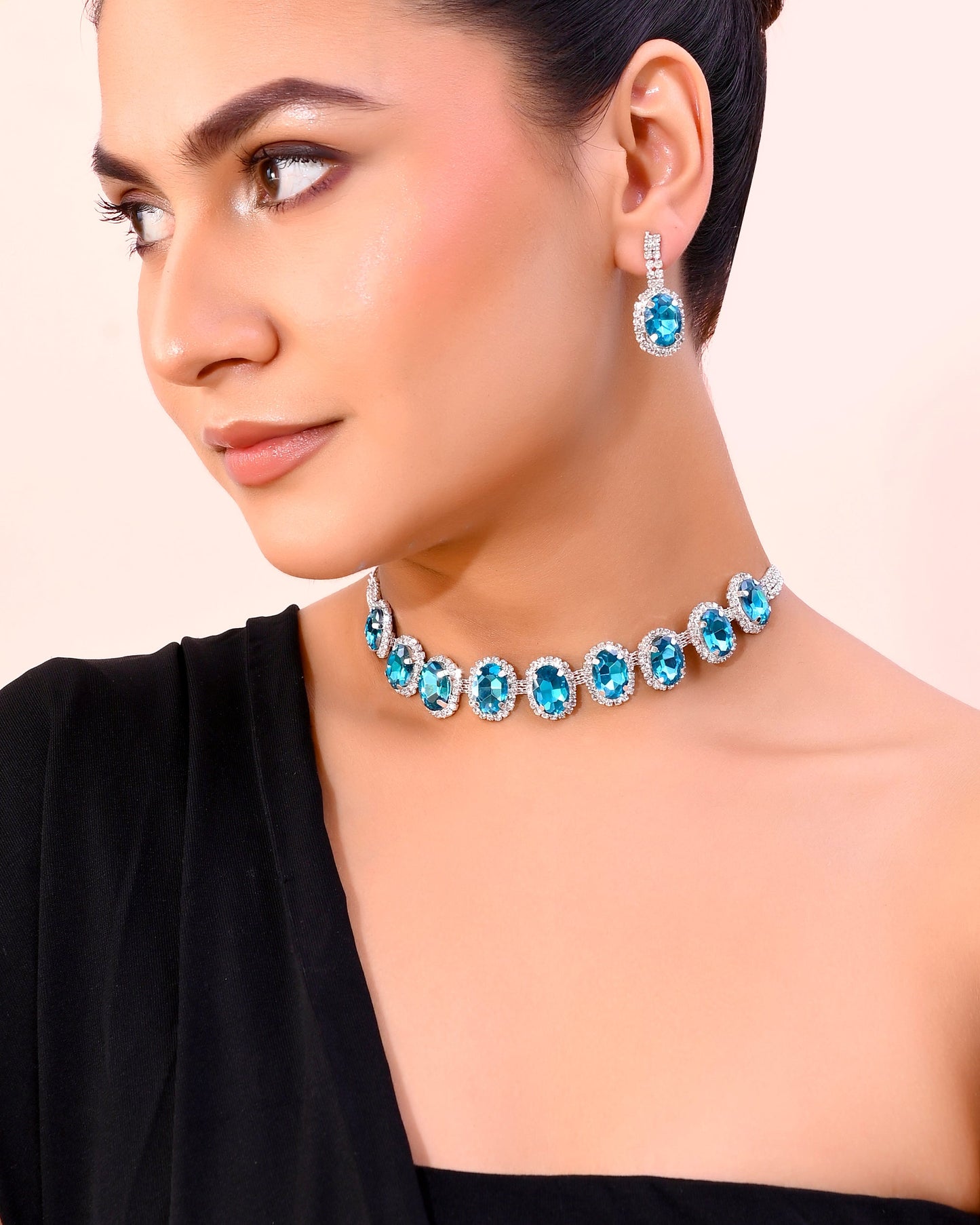 VOJ Silver Plated AD-Stone Studded With Blue Stone Choker Set | Swadesiicart