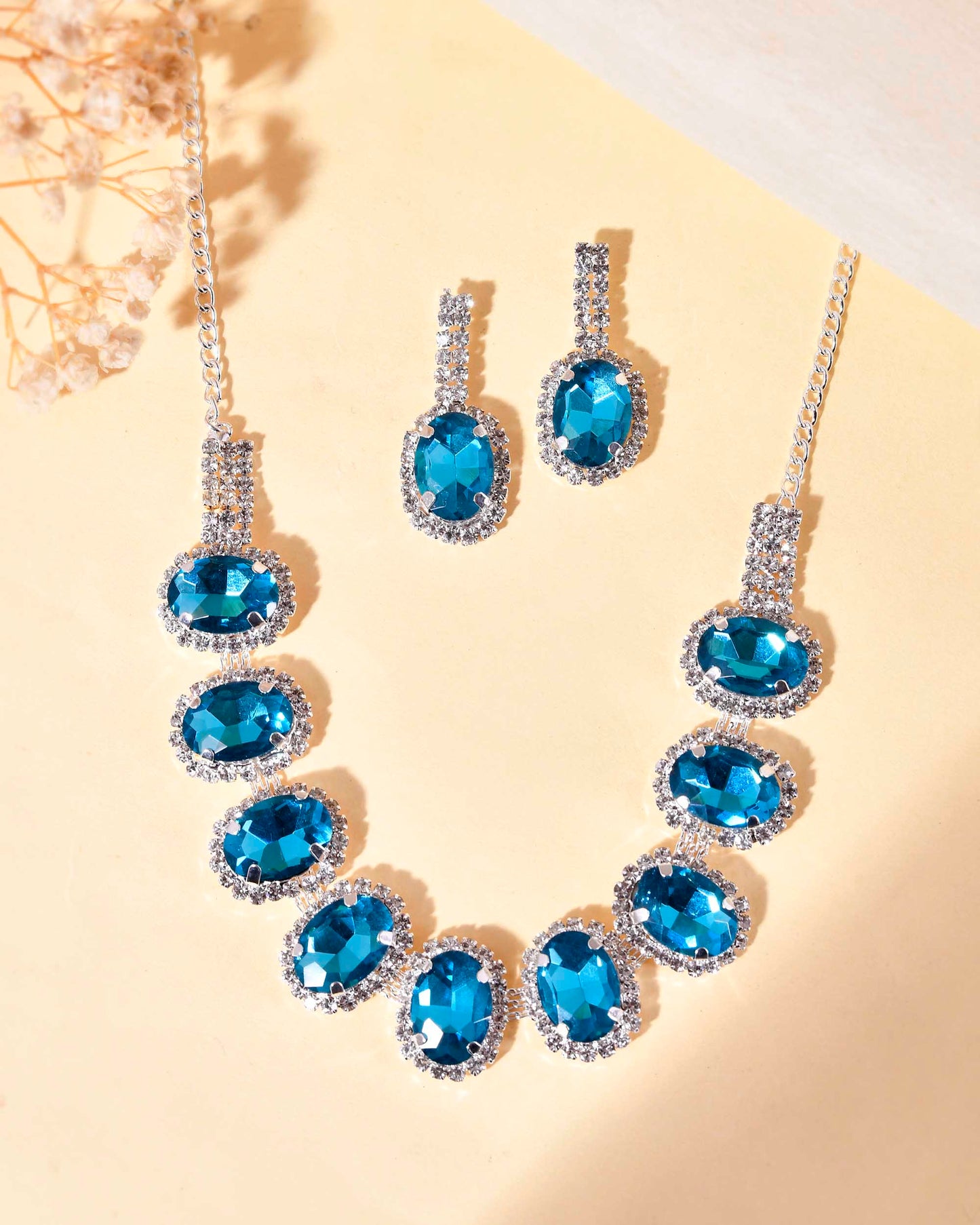 VOJ Silver Plated AD-Stone Studded With Blue Stone Choker Set | Swadesiicart
