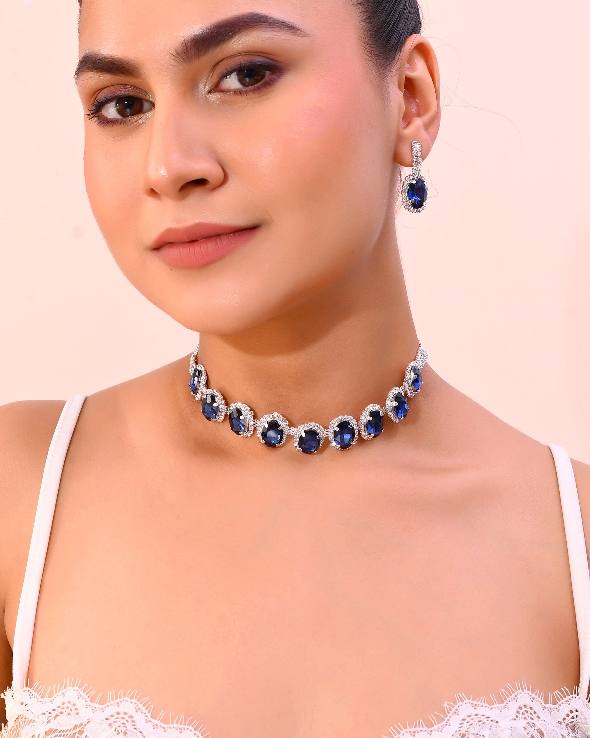 VOJ Silver Plated AD-Stone Studded With Dark Blue Stone Choker Set | Swadesiicart