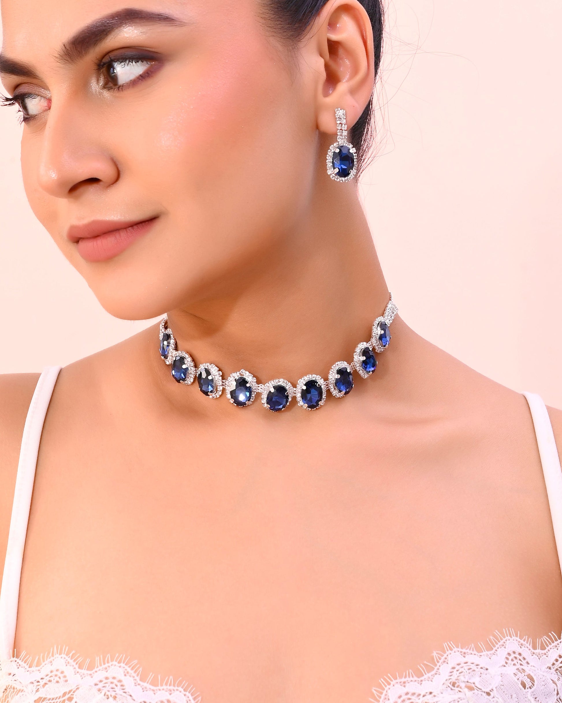 VOJ Silver Plated AD-Stone Studded With Dark Blue Stone Choker Set | Swadesiicart