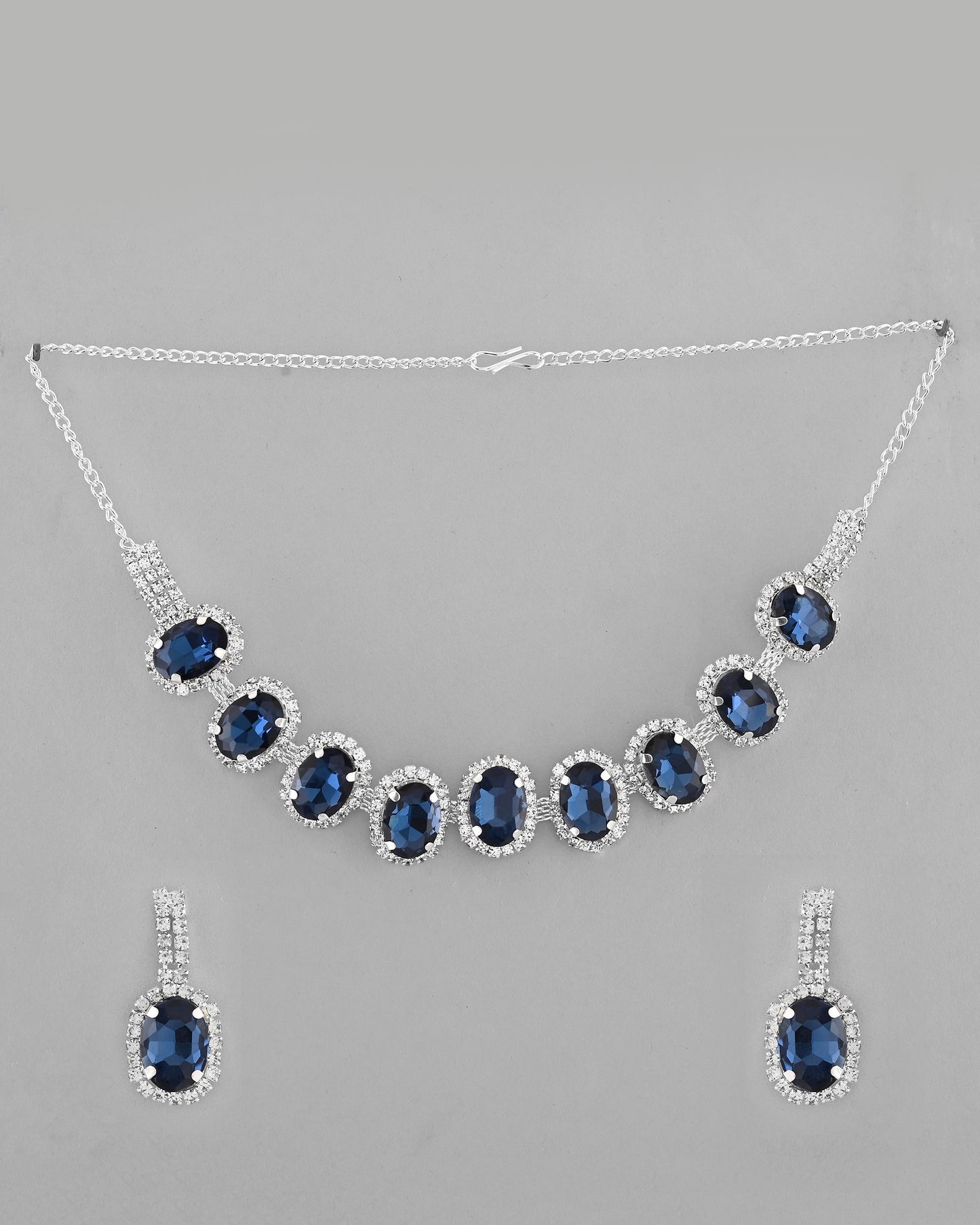 VOJ Silver Plated AD-Stone Studded With Dark Blue Stone Choker Set | Swadesiicart