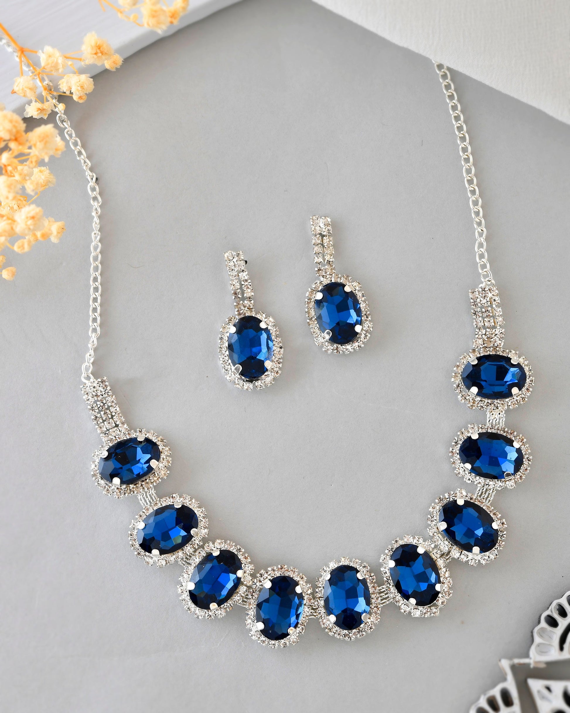 VOJ Silver Plated AD-Stone Studded With Dark Blue Stone Choker Set | Swadesiicart