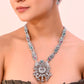 VOJ Silver Plated Stone Studded Oxidized Long Necklace And Earrings - Swadesiicart