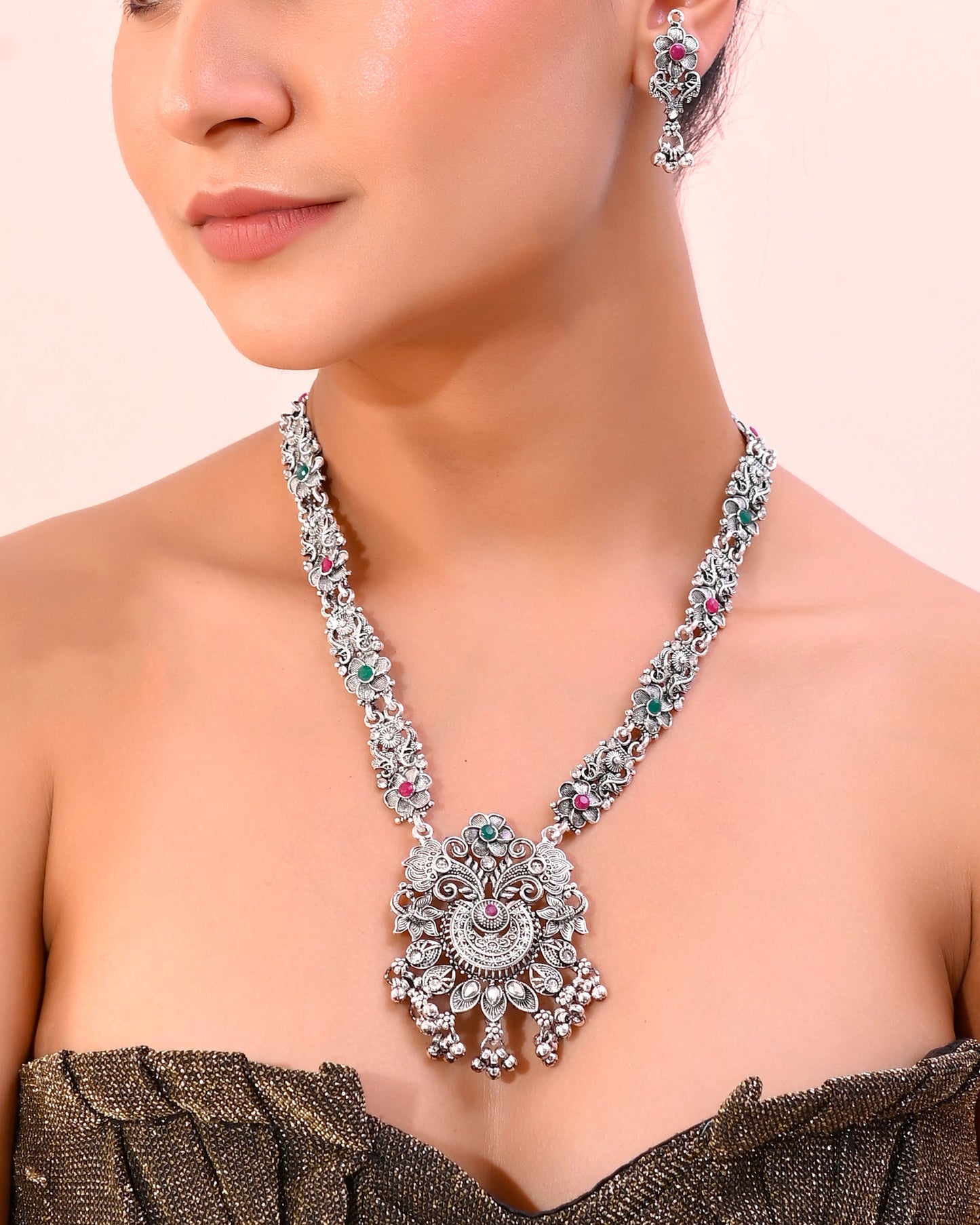 VOJ Silver Plated Stone Studded Oxidized Long Necklace And Earrings - Swadesiicart
