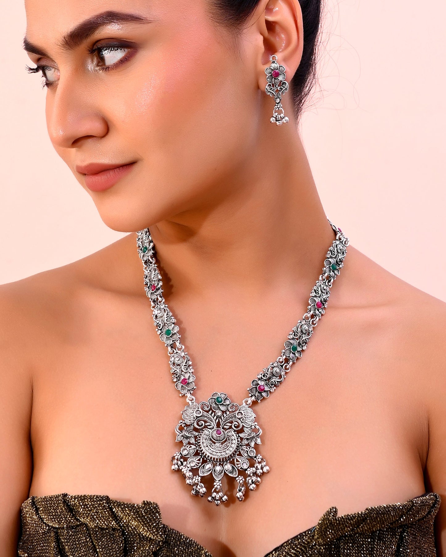 VOJ Silver Plated Stone Studded Oxidized Long Necklace And Earrings - Swadesiicart