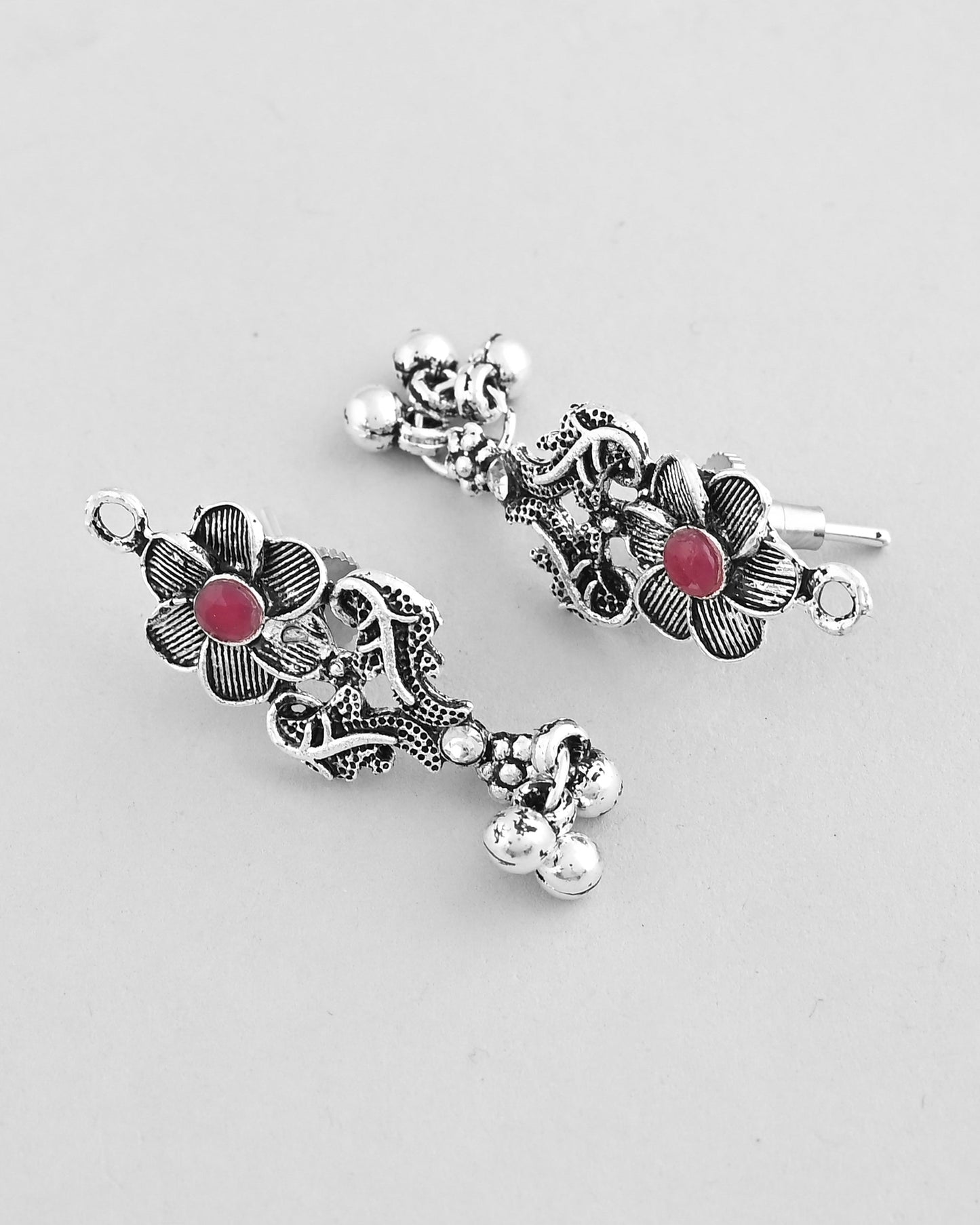 VOJ Silver Plated Stone Studded Oxidized Long Necklace And Earrings - Swadesiicart