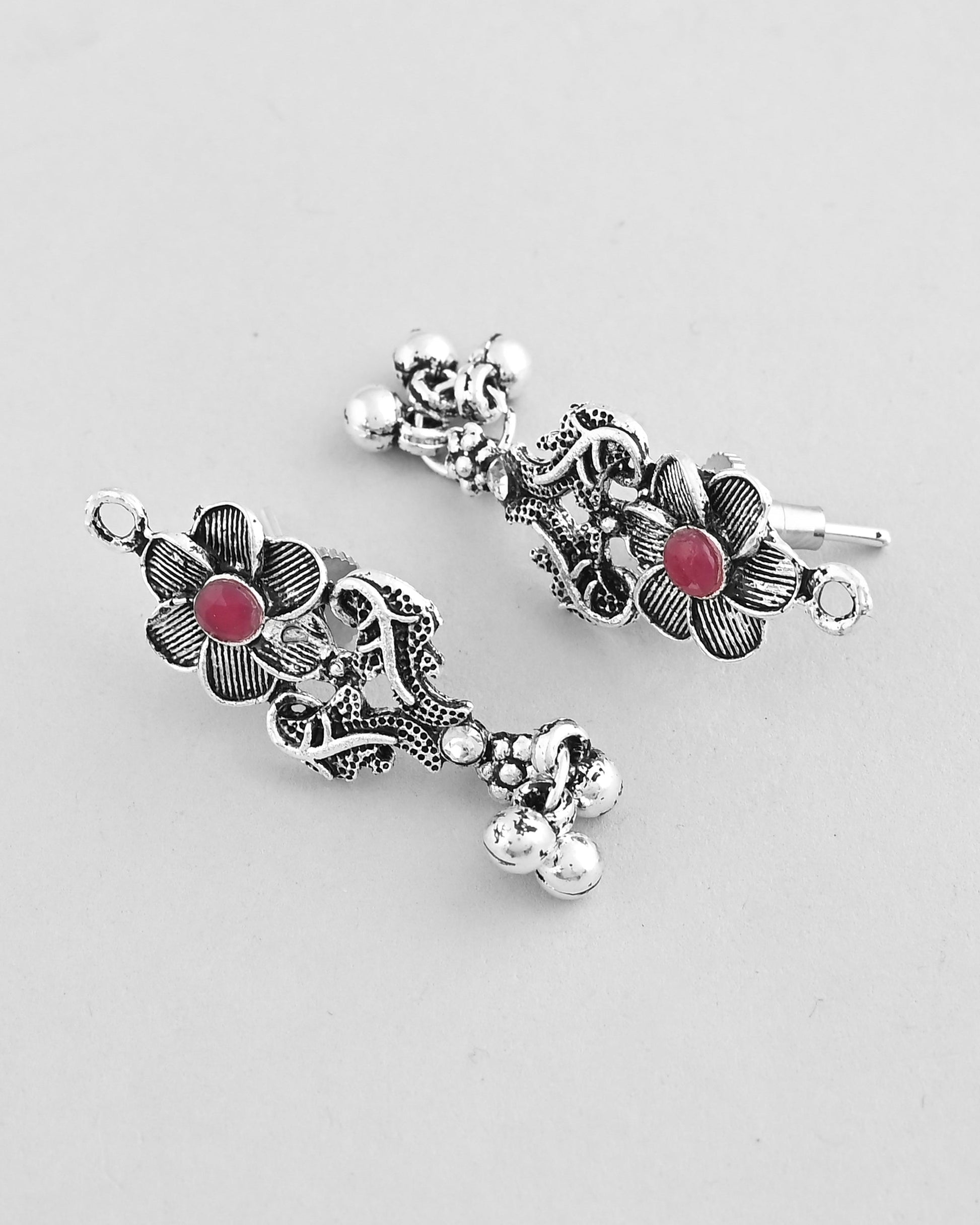 VOJ Silver Plated Stone Studded Oxidized Long Necklace And Earrings - Swadesiicart