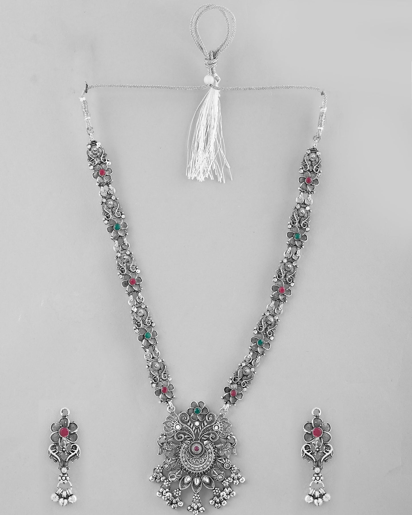 VOJ Silver Plated Stone Studded Oxidized Long Necklace And Earrings - Swadesiicart