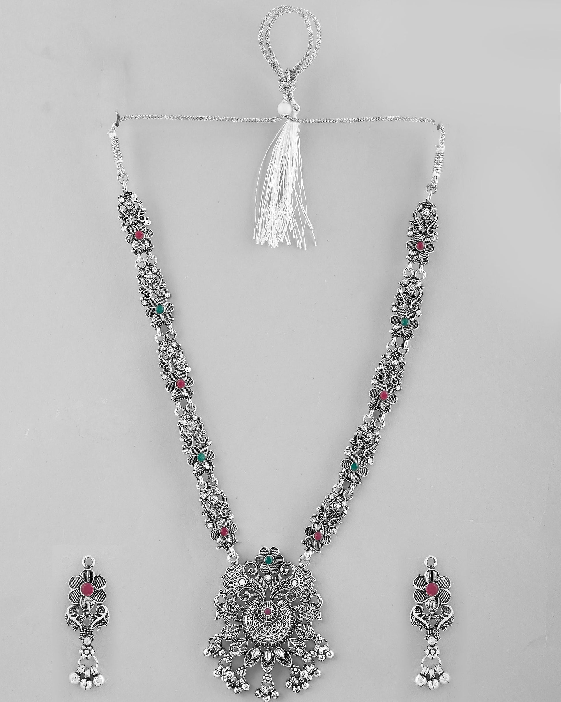 VOJ Silver Plated Stone Studded Oxidized Long Necklace And Earrings - Swadesiicart