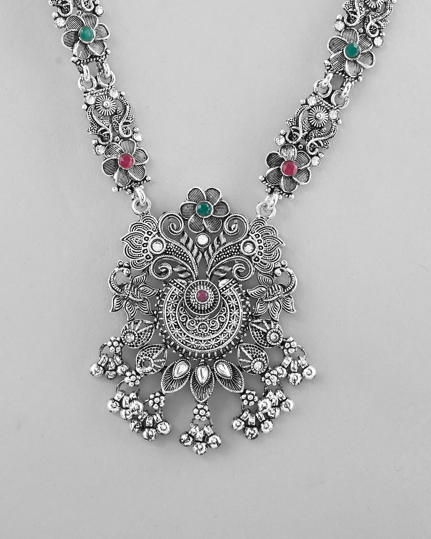 VOJ Silver Plated Stone Studded Oxidized Long Necklace And Earrings - Swadesiicart