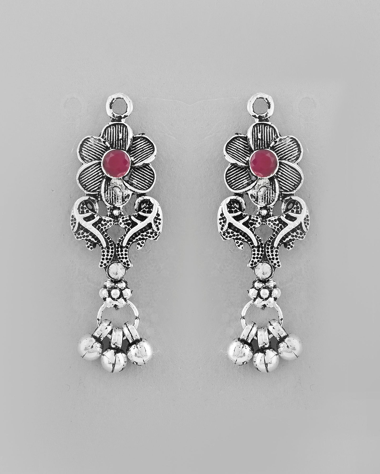 VOJ Silver Plated Stone Studded Oxidized Long Necklace And Earrings - Swadesiicart
