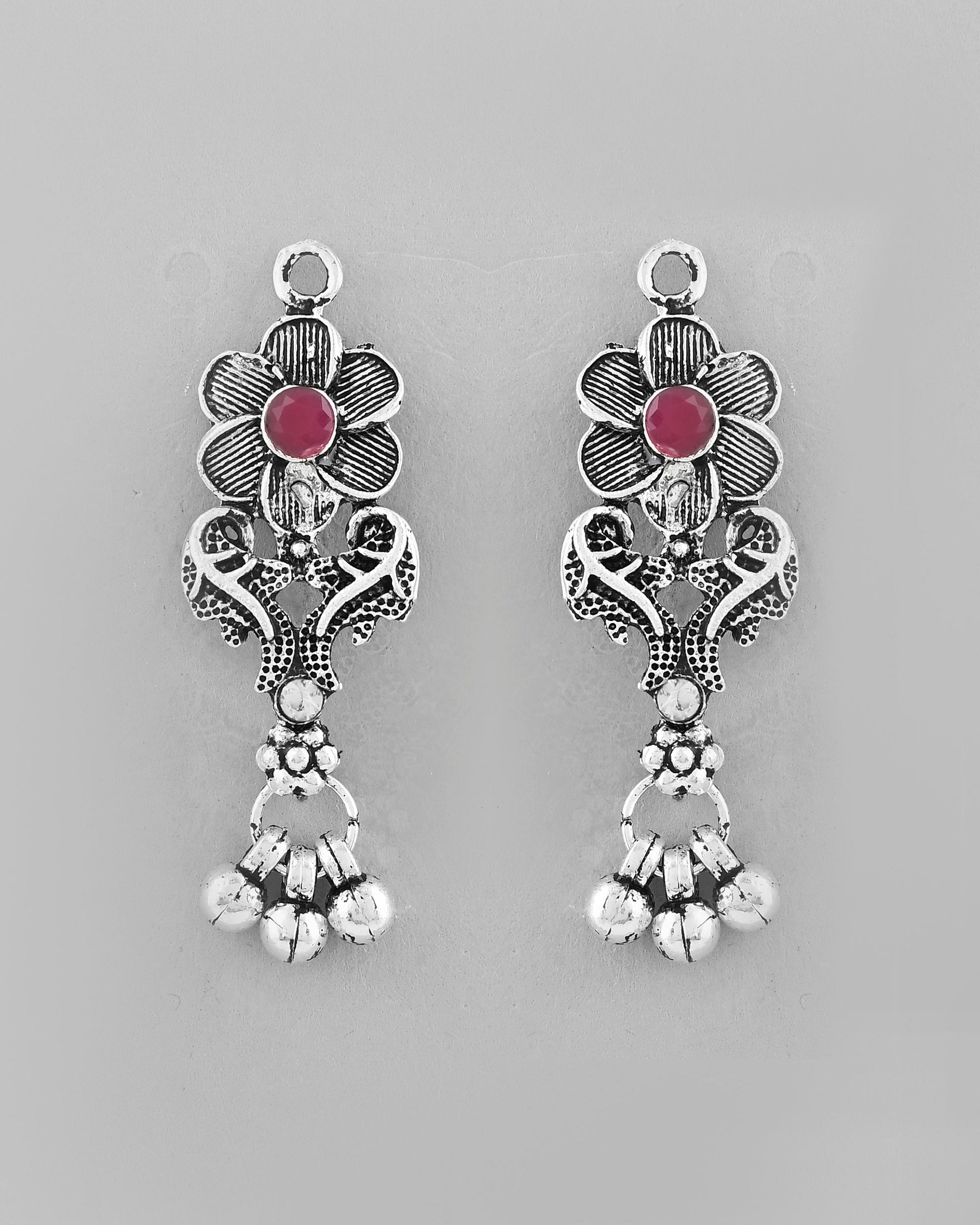 VOJ Silver Plated Stone Studded Oxidized Long Necklace And Earrings - Swadesiicart