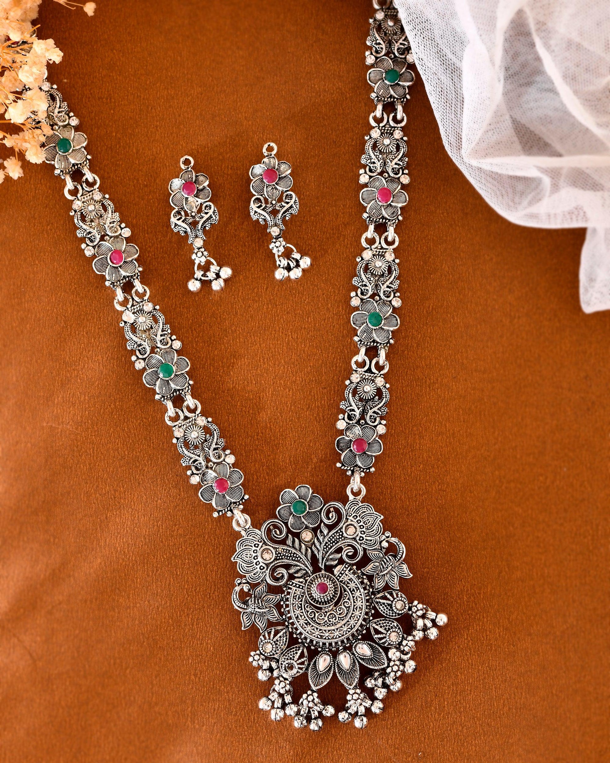 VOJ Silver Plated Stone Studded Oxidized Long Necklace And Earrings - Swadesiicart