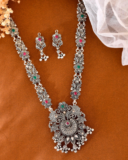 VOJ Silver Plated Stone Studded Oxidized Long Necklace And Earrings - Swadesiicart