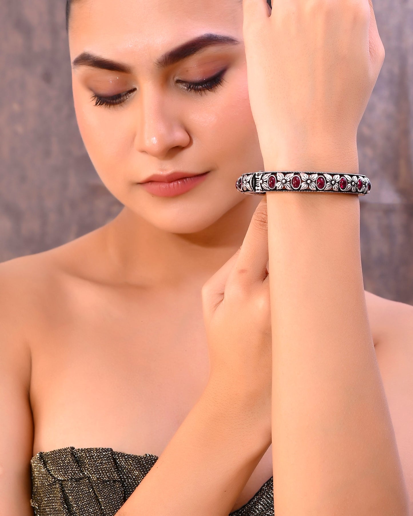 VOJ Rhodium Plated Red Stone Studded Kada Bracelet - Swadesiicart