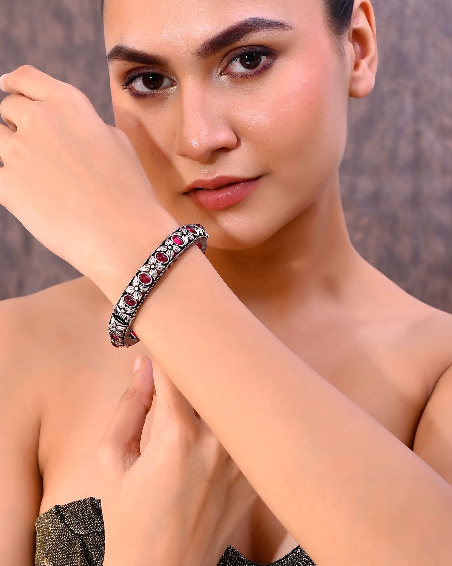 VOJ Rhodium Plated Red Stone Studded Kada Bracelet - Swadesiicart