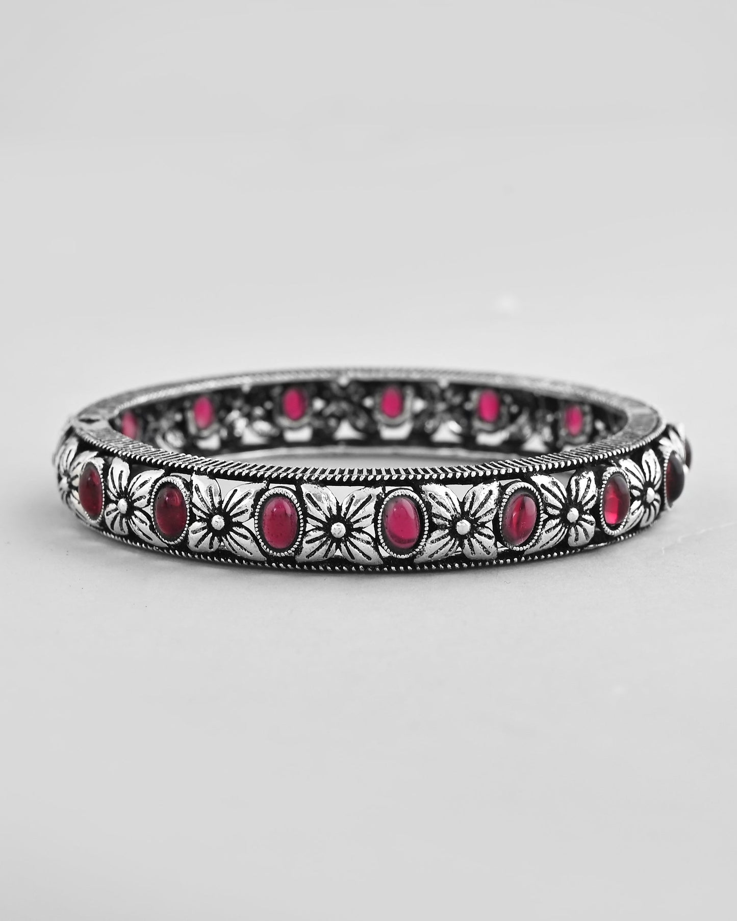 VOJ Rhodium Plated Red Stone Studded Kada Bracelet - Swadesiicart