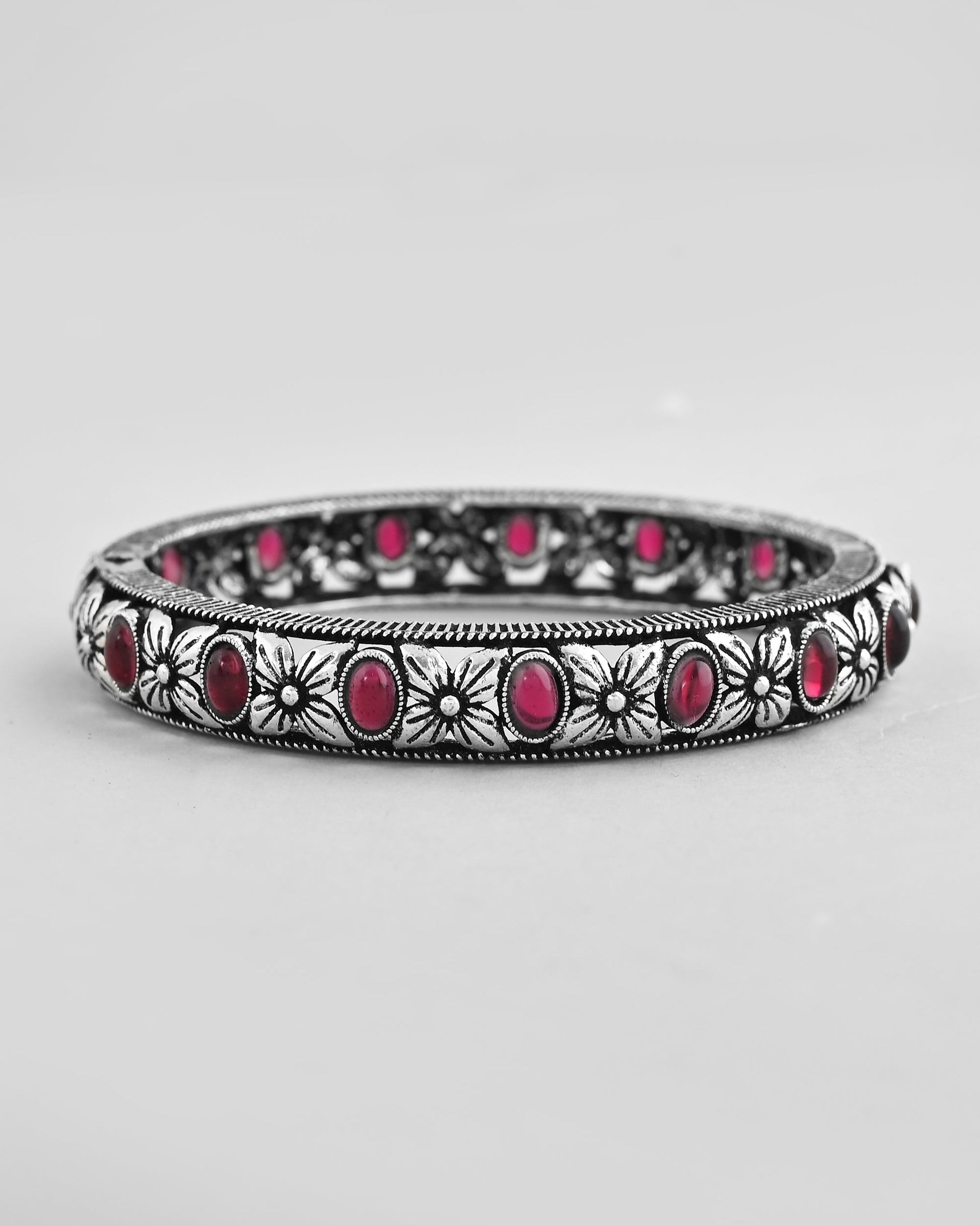 VOJ Rhodium Plated Red Stone Studded Kada Bracelet - Swadesiicart