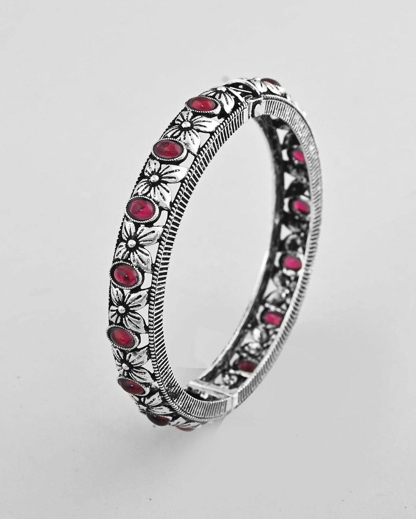 VOJ Rhodium Plated Red Stone Studded Kada Bracelet - Swadesiicart