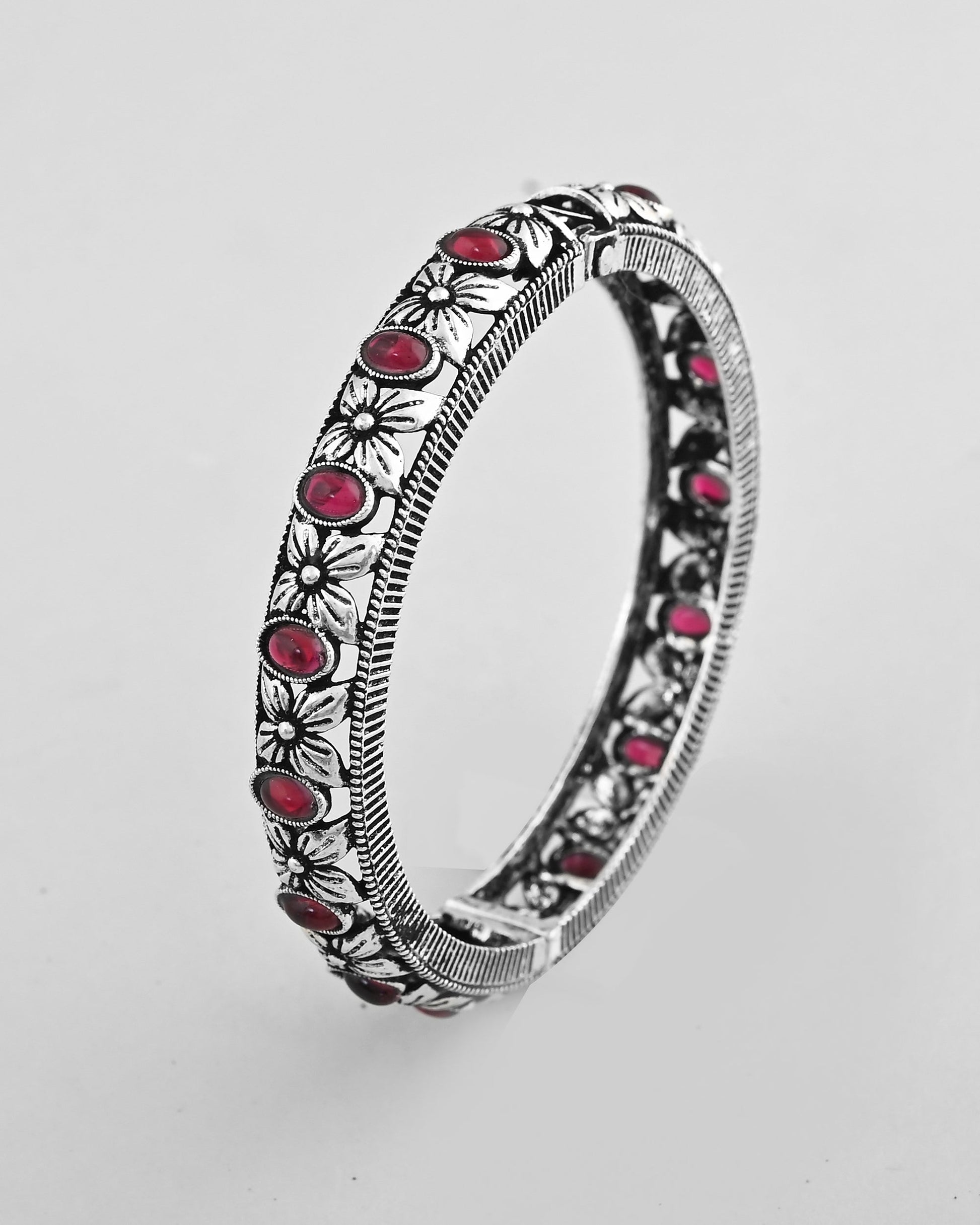 VOJ Rhodium Plated Red Stone Studded Kada Bracelet - Swadesiicart