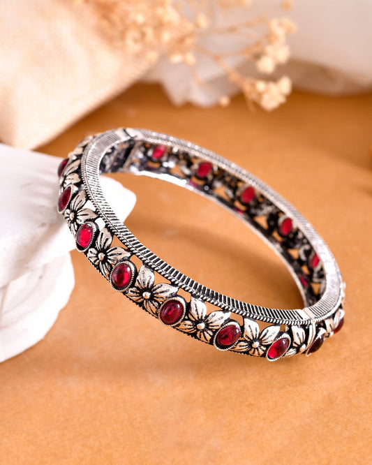 VOJ Rhodium Plated Red Stone Studded Kada Bracelet - Swadesiicart