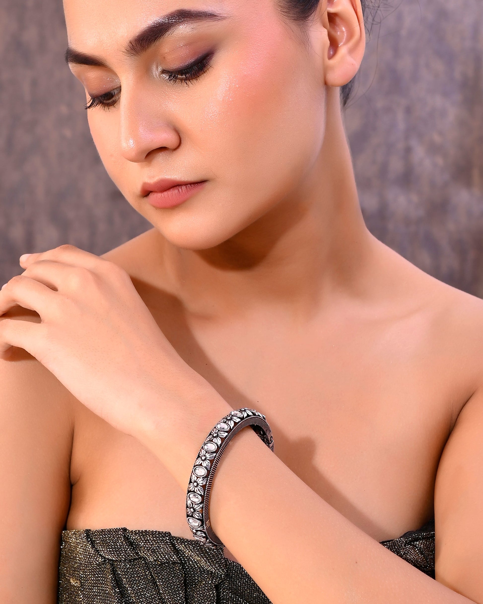 VOJ Rhodium Plated White Stone Studded Kada Bracelet - Swadesiicart