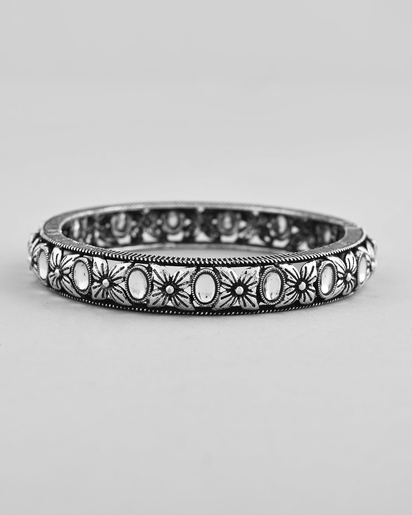 VOJ Rhodium Plated White Stone Studded Kada Bracelet - Swadesiicart