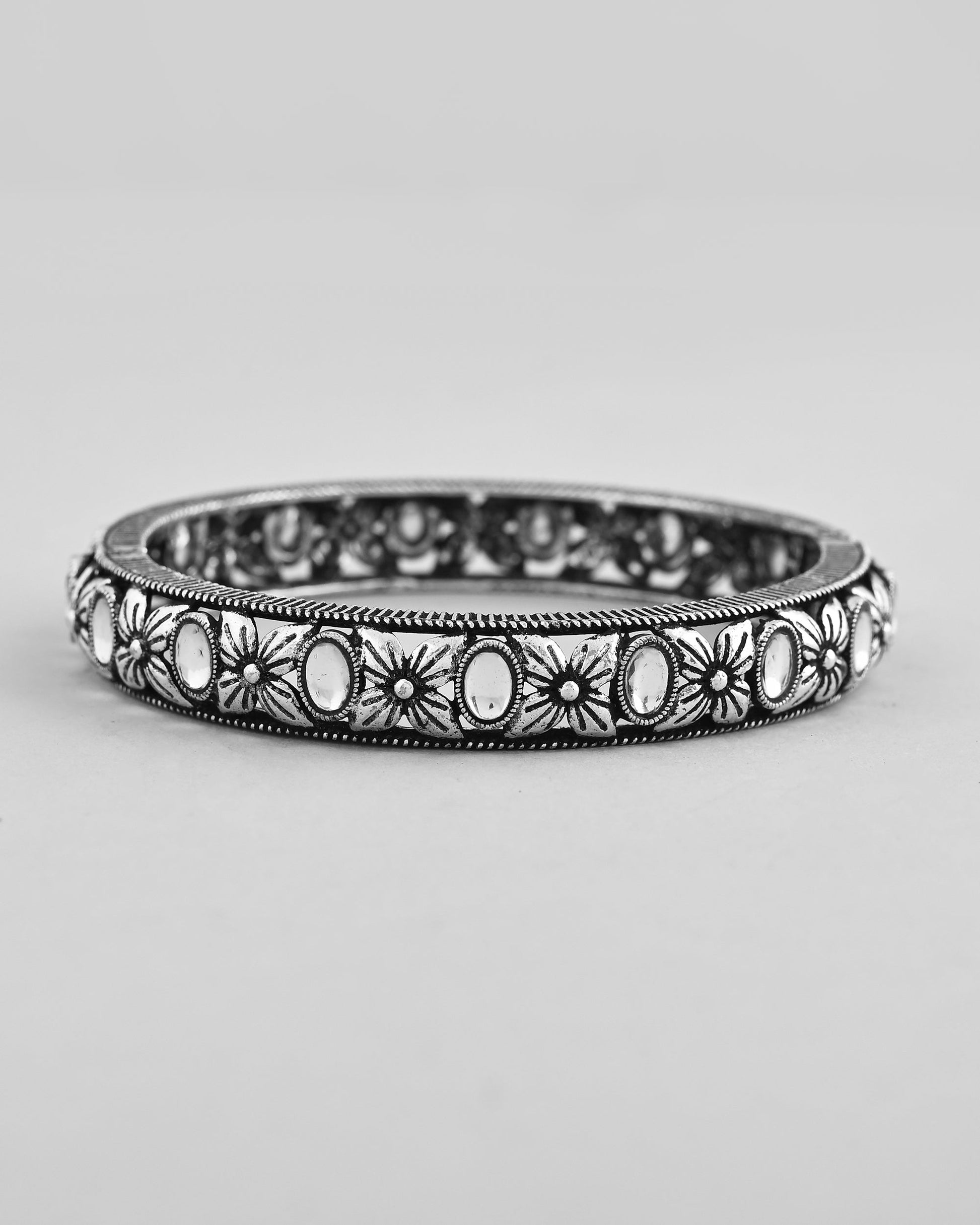 VOJ Rhodium Plated White Stone Studded Kada Bracelet - Swadesiicart