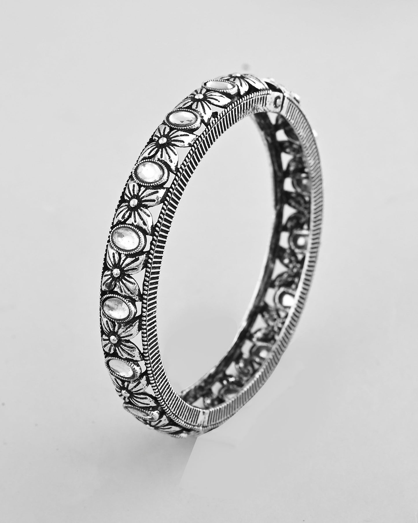VOJ Rhodium Plated White Stone Studded Kada Bracelet - Swadesiicart