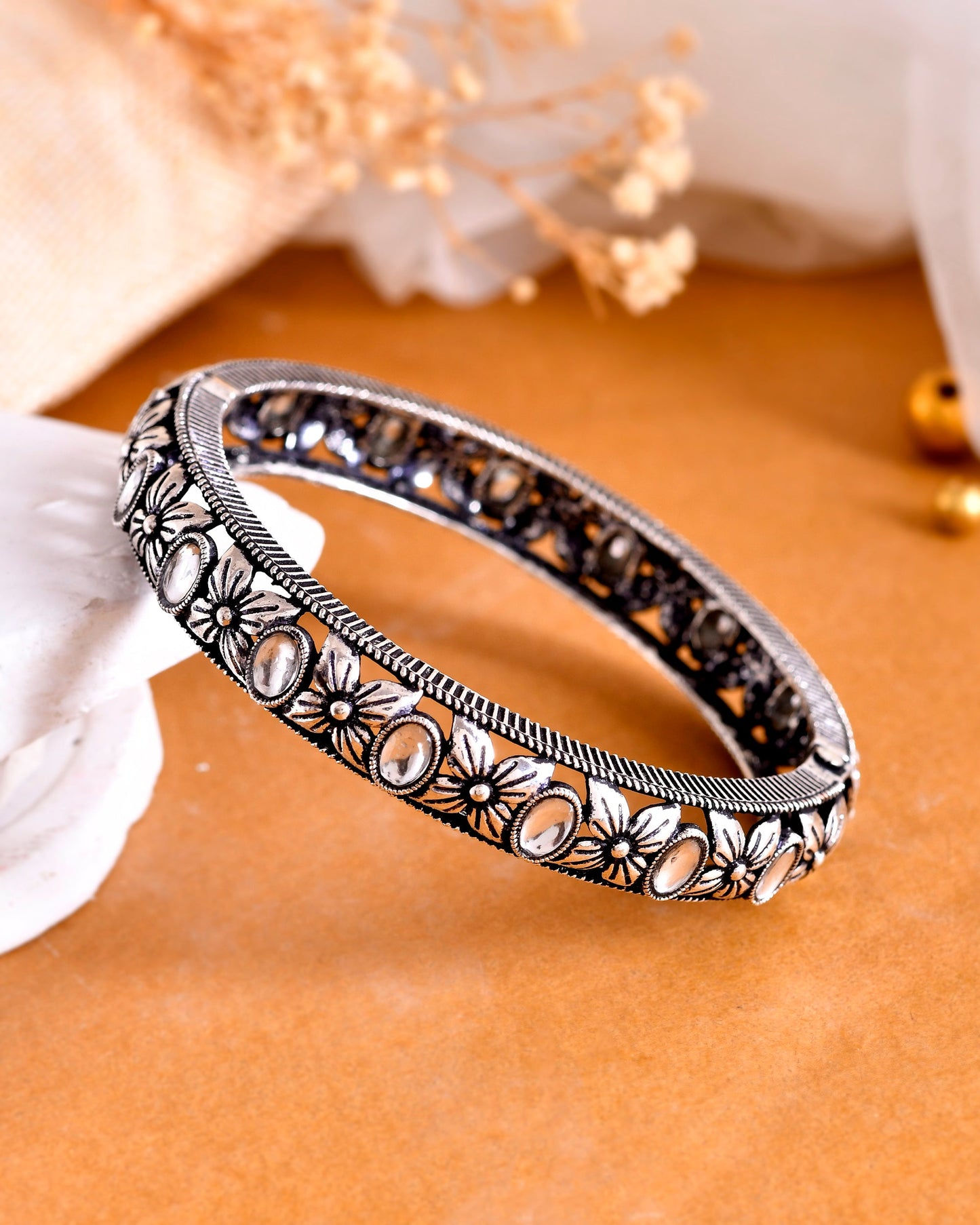 VOJ Rhodium Plated White Stone Studded Kada Bracelet - Swadesiicart