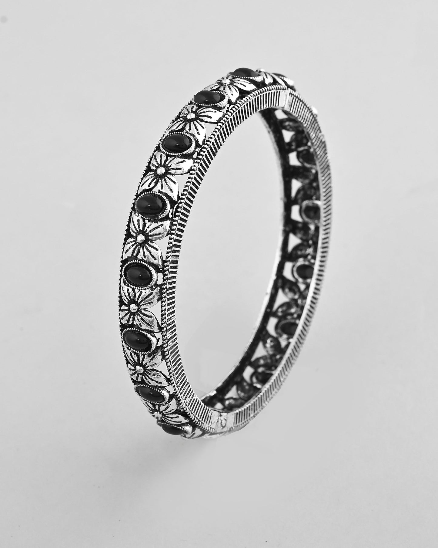 VOJ Rhodium Plated Black Stone Studded Kada Bracelet - Swadesiicart